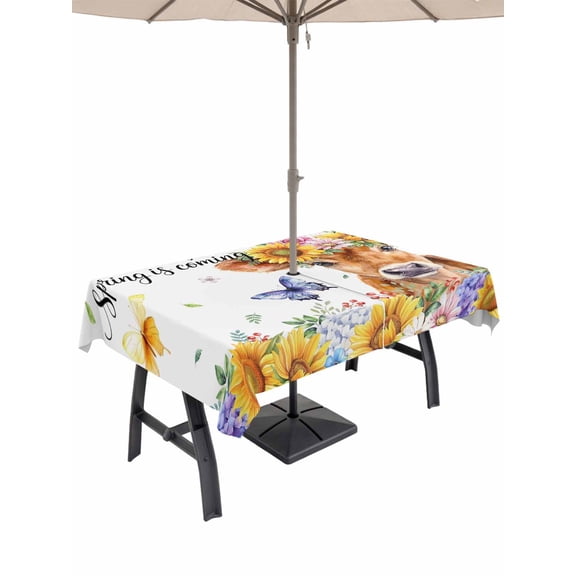 Outdoor Tablecloth with Umbrella Hole for Patio/Picnic/Party/Camping, Spring Cow Waterproof Table Cloth Rectangle Table Cover Washable, Summer Sunflower Botanical Butterfly (60"x 84")