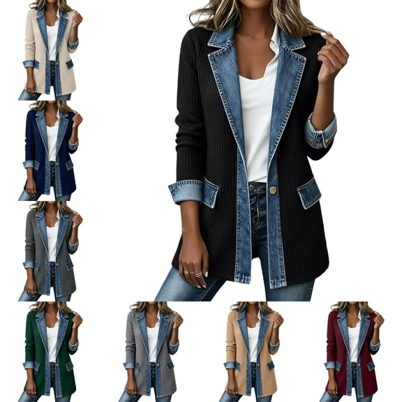 Levmjia women's denim jacket cardigan, lapel, long sleeved pocket, casual