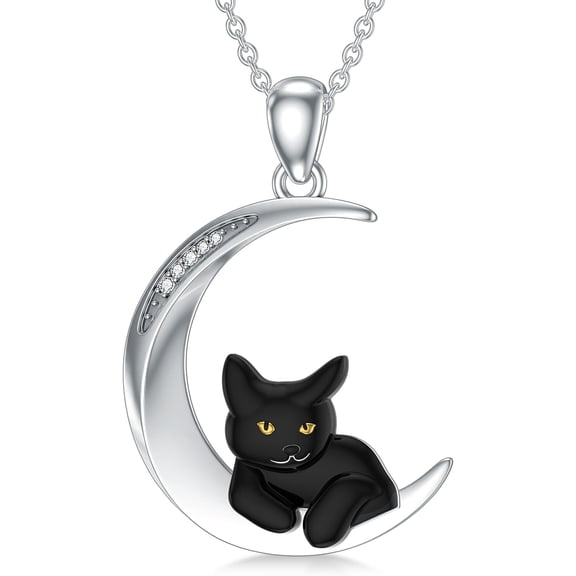 AOBOCO Diamond Black Cat Necklace for Women 925 Sterling Silver Black Cat Moon Pendant with Lab Grown Diamond Jewelry Gifts for Birthday