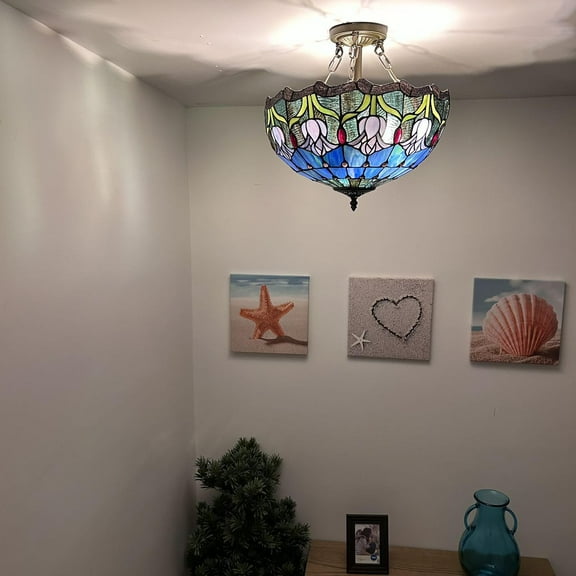 Tiffany Ceiling Lights Blue Stained Glass Purple Tulips LED Bulbs Included for Bed Room Living Room Entryway16"W*16"D*16"H