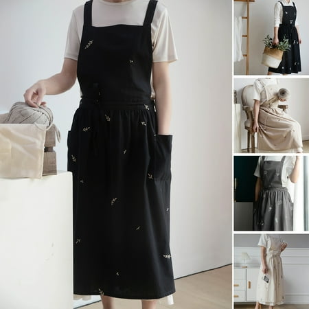 

Cross Back Cooking Apron Breathable Retro Cotton Embroidered Bib Apron for Home