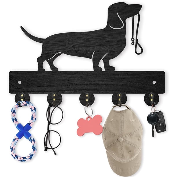Perchero de pared de madera con forma de perro, 11,8 x 8 pulgadas, con 5 ganchos de aleación, para colgar la correa del perro y decorar la pared.