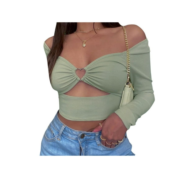 SAYOO Women's Crop Tops, Solid Color Hollow-Out V-neck Long Sleeve Tops for Party Dating