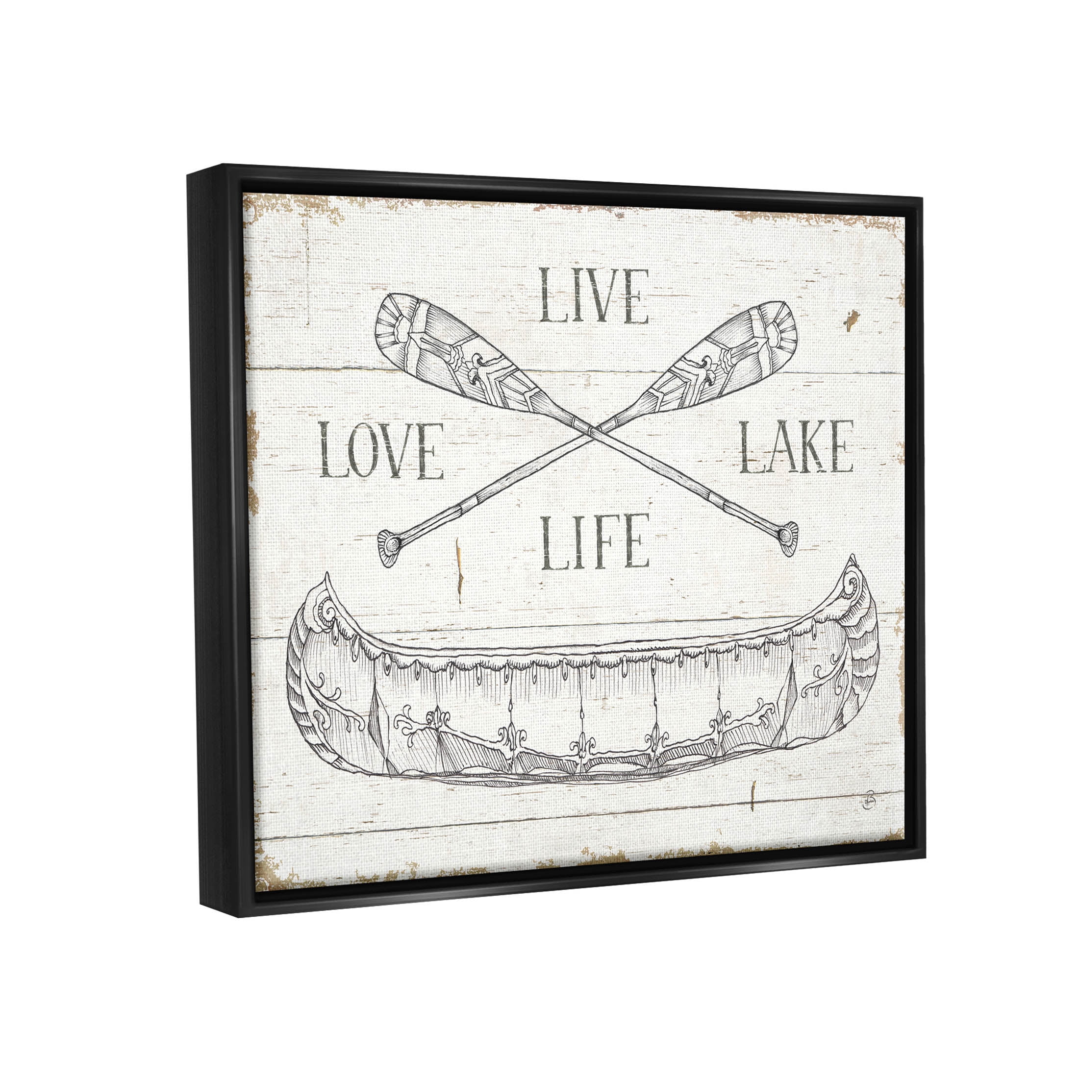 Stupell Industries Live Love Lake Rustic Canoe Oars Graphic Art Jet Black Floating Framed Canvas Print Wall Art, Design by Daphne Brissonnet