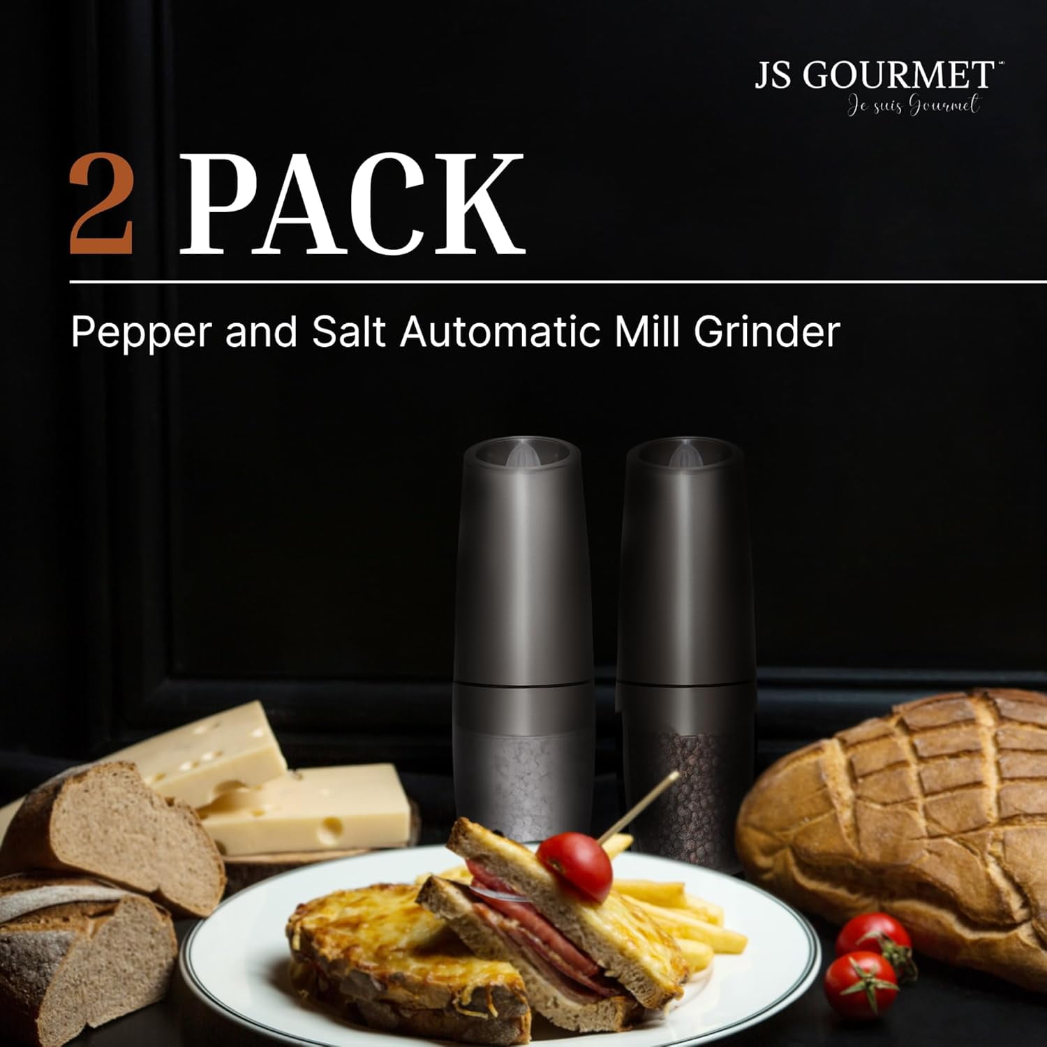 JS Gourmet Automatic Electric Silver Pepper and Salt Shaker Grinder Mill with LED light, Adjustable Coarseness (2 pack)