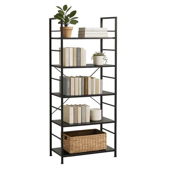 HKAH 5 Tier Bookshelf, Industrial Metal Bookcase with Open Storage Shelves, Modern Space-Saving Organizer for Living Room, Bedroom, Home Office, Matte Black