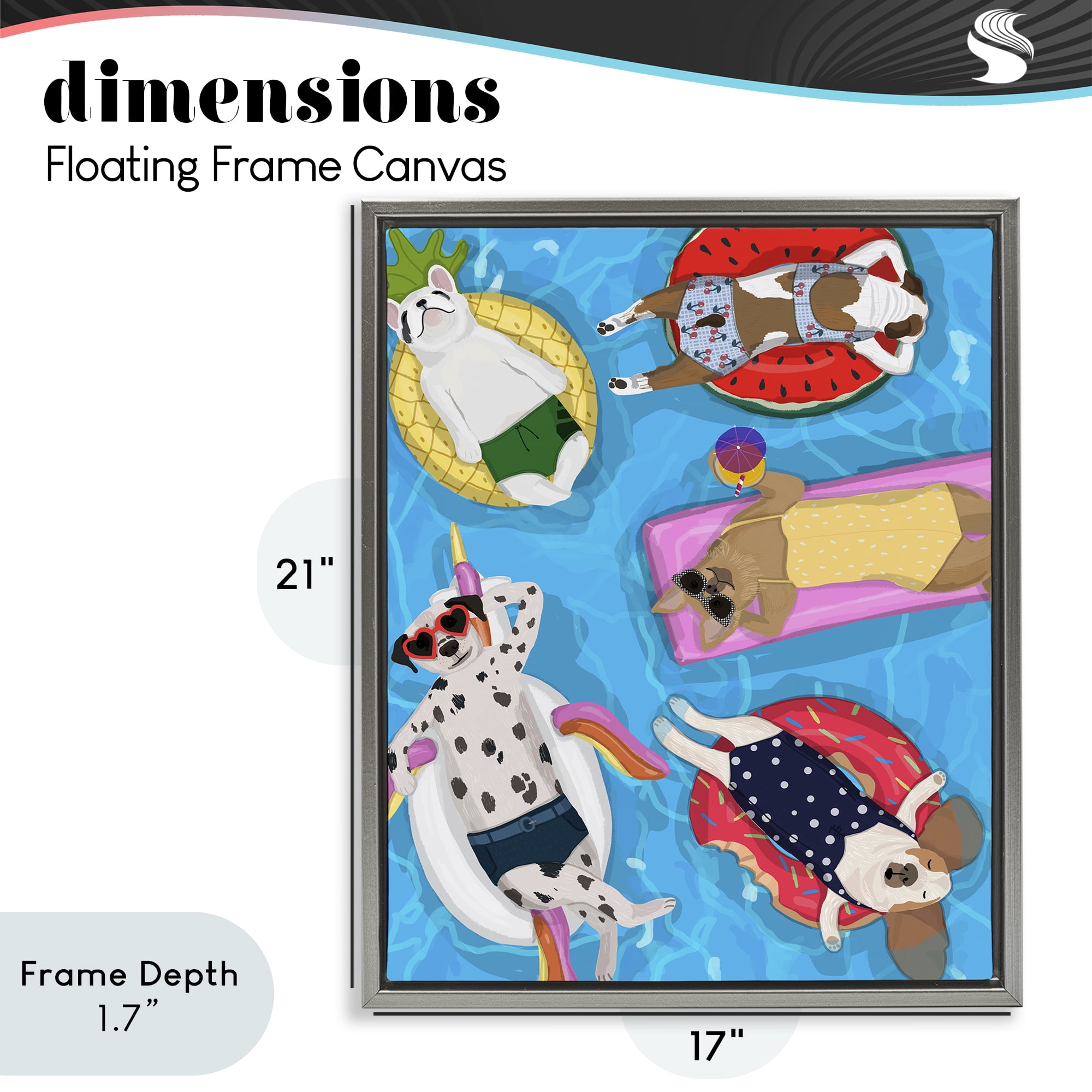 Stupell Industries Summer Sunbathing Dogs Gray Framed Floater Canvas Wall Art, design by Hanna Melin