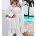 thumbnail image 4 of QUYUON Summer Mini Dresses for Women Square Neck 3/4 Sleeve Flowy Babydoll Mini Short Beach Dress Pleated A-Line Ruffle Swing Tunic Dresses Club Party Dress Style D-6504 White S, 4 of 7