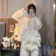 thumbnail image 2 of Conjunto de pijamas de forro polar para mujer, pijamas de invierno borrosos con lazo y ribete de encaje de manga larga súper suaves, 2 of 8