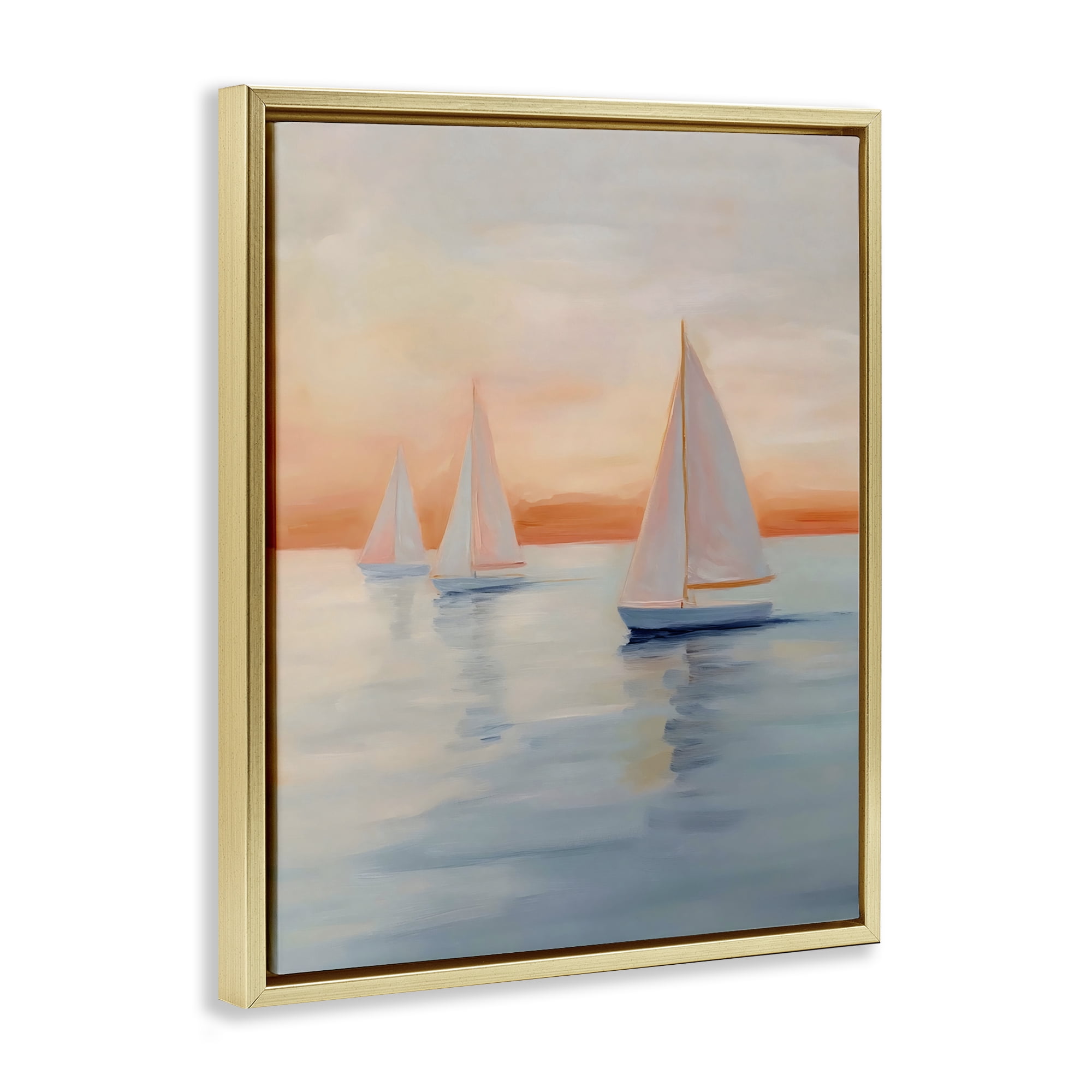 Stupell Industries Sunset Sailboats Over Calm Sea Gold Framed Floater Canvas Wall Art, design by Creative Studio