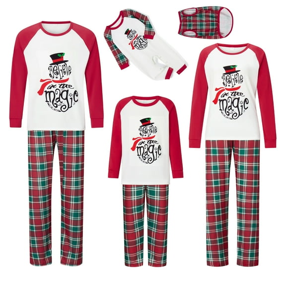 Elippeo Christmas Family Pajamas Matching Set Snowman Print Raglan Sleeve Tops and Elastic Plaid Pants Loungewear Soft Sleepwear
