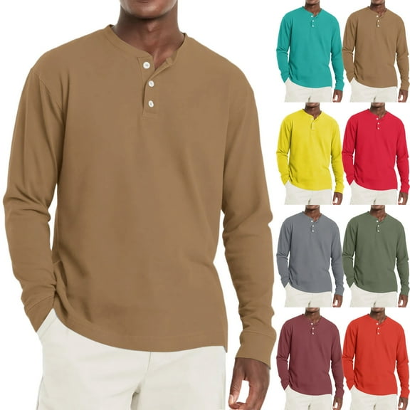 Homeyce Mens Long Sleeve Tee Shirts Solid Color Button Henley Shirts Vintage Lightweight Stand Collar T-Shirts Big and Tall Top Pullover,Yellow XL
