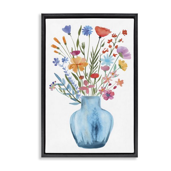 Stupell Industries Contemporary Watercolor Vase Blue Bouquet Black Floating Frame Canvas Art, 17 x 25, by LSR Design Studio