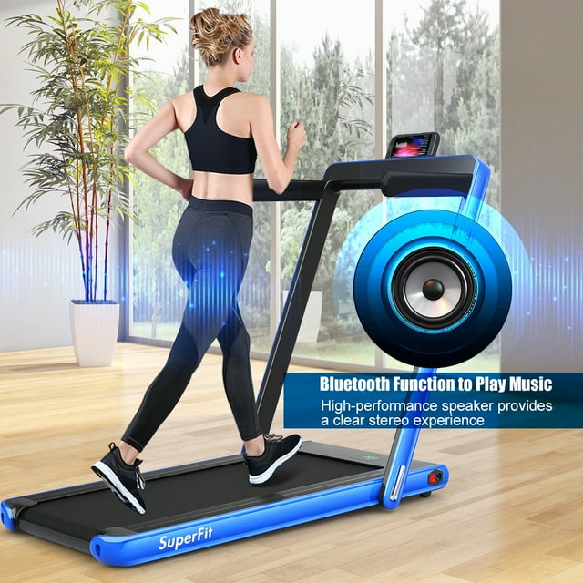 Patiojoy 2 in 1 Folding Treadmill Electric Running Machine with Bluetooth Speaker Control APP Blue