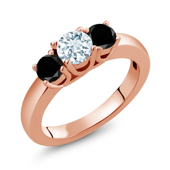 Gem Stone King 1.04 Ct Round Sky Blue Aquamarine Black Diamond 18K Rose Gold Plated Silver Classic 3-Stone Ring for Women (Size 6)