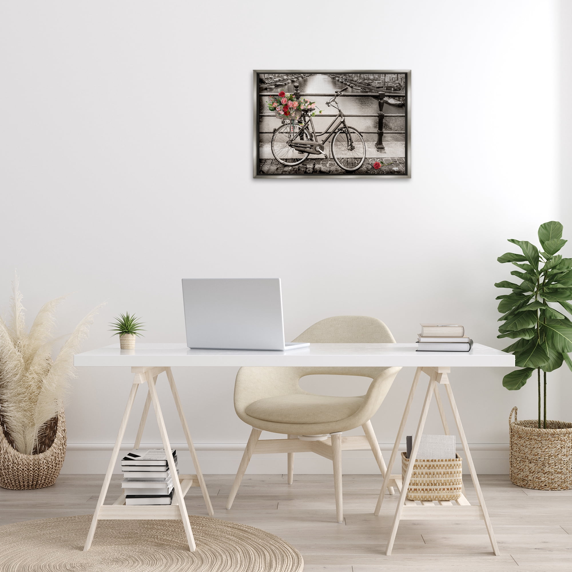 Stupell Industries Rose Filled Bike over Canal Transportation Painting Gray Floater Framed Canvas Art Print Wall Art, 25 x 17