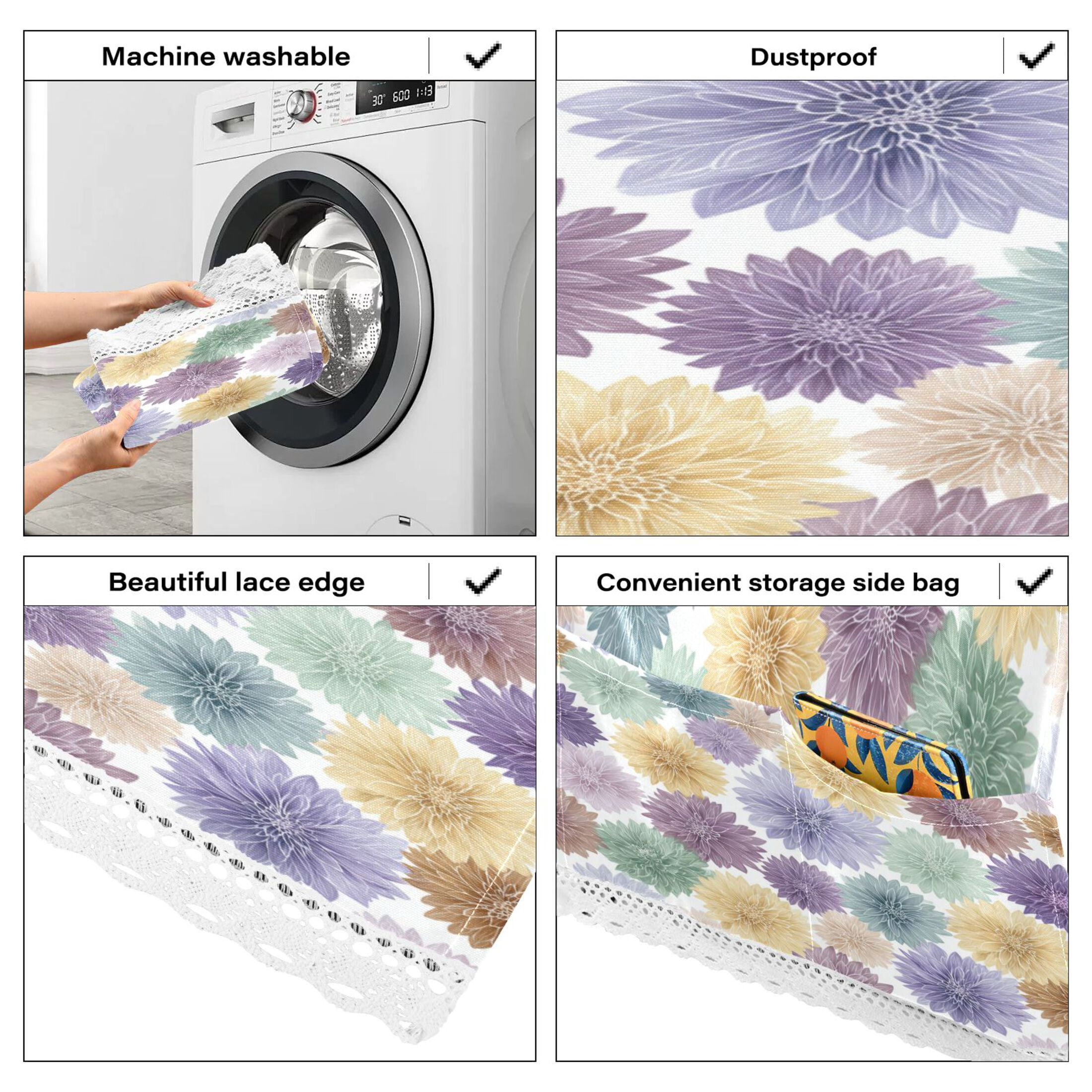 Wobogo Vibrant Floral Washing Machine Cover Dustproof Washer Dryer Cover Waterproof Laundry Room Decorative Protector