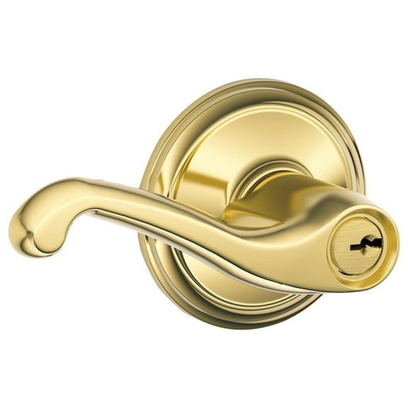 Schlage Residential F51A FLA 605 KD Grade 2 Entry Lock Flair Lever Conventional Cylinder Bright Brass Finish Non-Handed