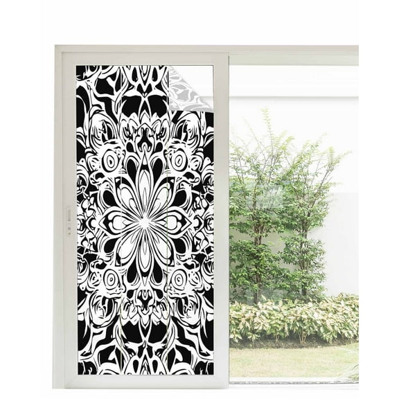 Window Privacy Film White Black Spring Floral Stained Glass Window Film Decorative Sun Block Window Cover Abstract Art Summer Flower Window Clings Static Adhesive Sticker for Bathroom 35.4"x78.7"