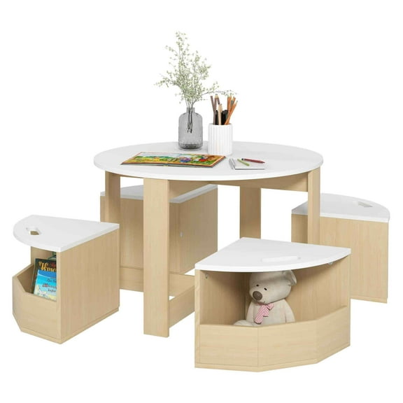 Qaba Kids Table and Chairs Set, 5 Piece Toddler Table and Chairs Set with Storage for Art, , Drawing, Playroom, Classroom, , White