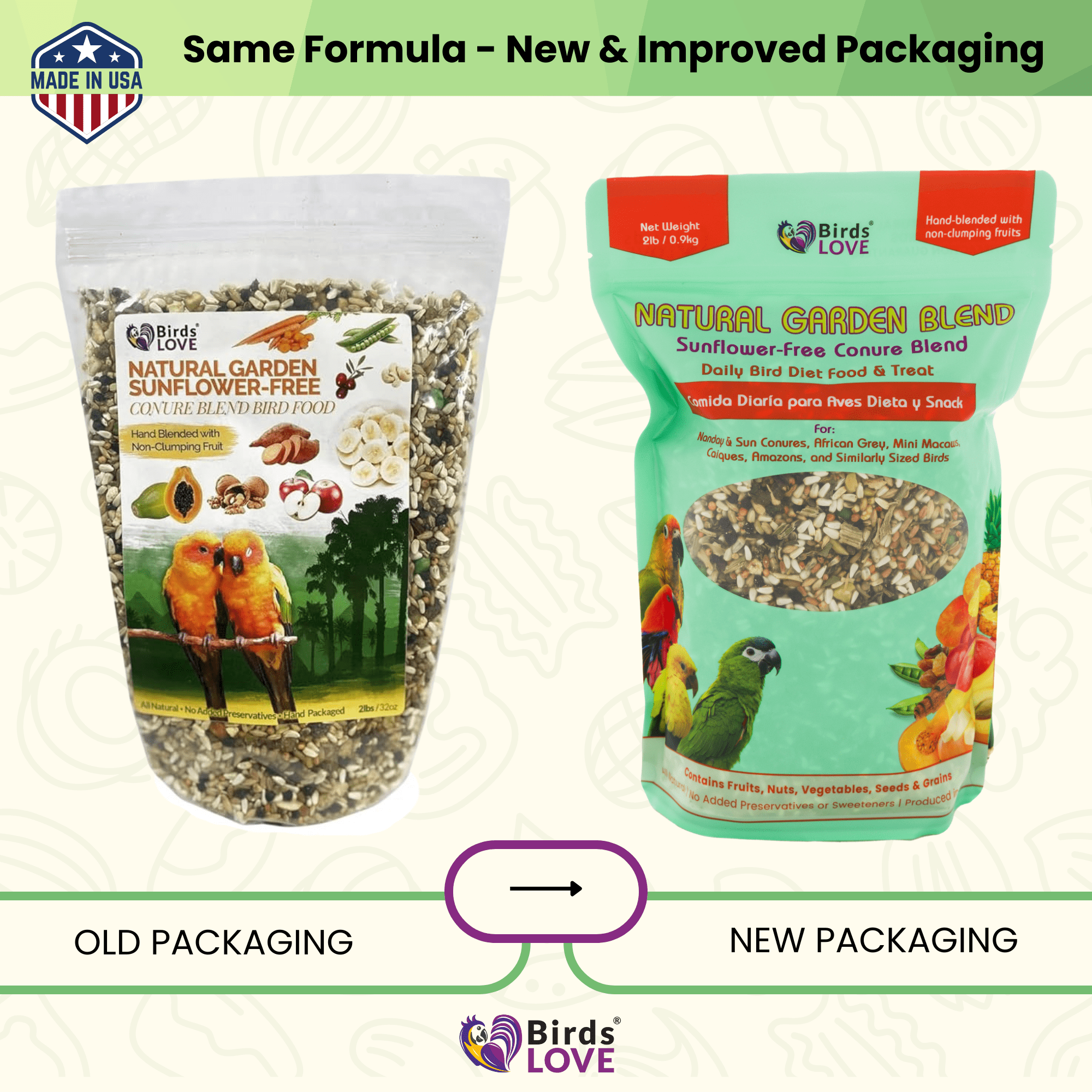 Birds LOVE Natural Garden Sunflower-Free Conure Bird Food, Fruit, Nut, Vegetable & Seed Blend for Conures and Similar Parrots, Resealable Bag, 2 lb