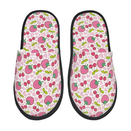 Balery Strawberry And Cheery Slient Indoor Furry Fleece Comfort House Shoes Soft Non-Slip Home Shoes Cotton slippers House Slippers-- Large