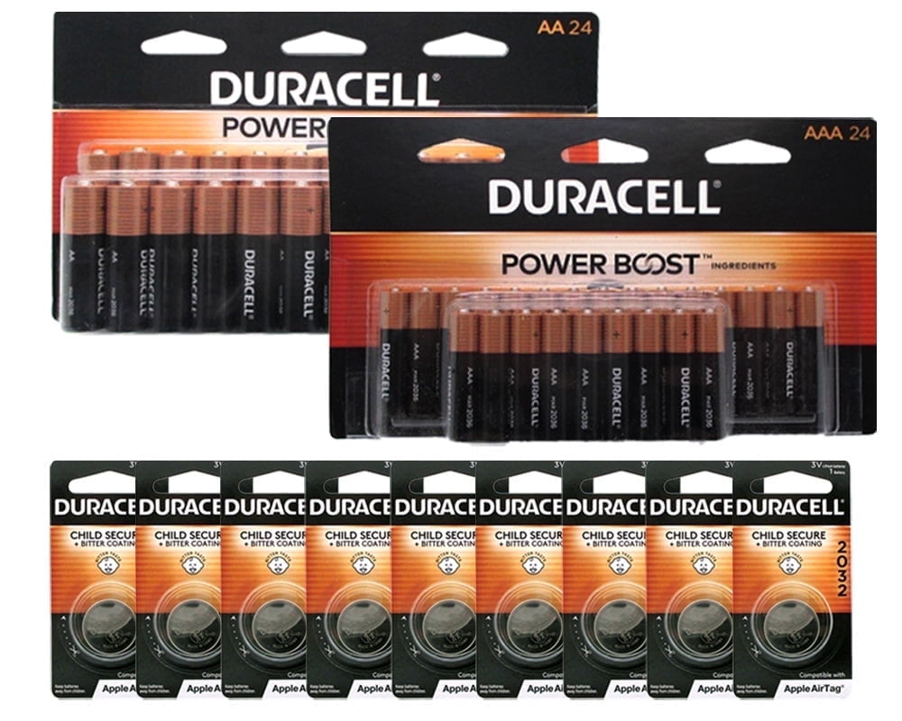 Duracell 24 AA alkaline, 24 AAA alkaline Batteries, 2032 Lithium Battery 9 Count, Child Safety Features, Compatible with Apple AirTag, Key Fob, and Other Devices.