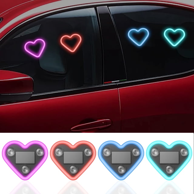 Luces Solares de Neón con Forma de Corazón para Ventana de Coche | Luz Solar con Ventosas | Material Resistente Al Agua y Al Sol | Incluye Cable de Carga | Ideal para Conducir de Noche