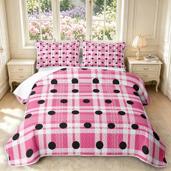 Manfei Modern Checkered Twin Quilt Set,Minimalist Polka Dot Twin Coverlet Set,Pink White,2pcs,1 Bedspread and 1 Pillowcase