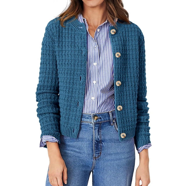 Suéter para Mujer PRETTYGARDEN Cardigan de Punto Azul con Botones Talle M