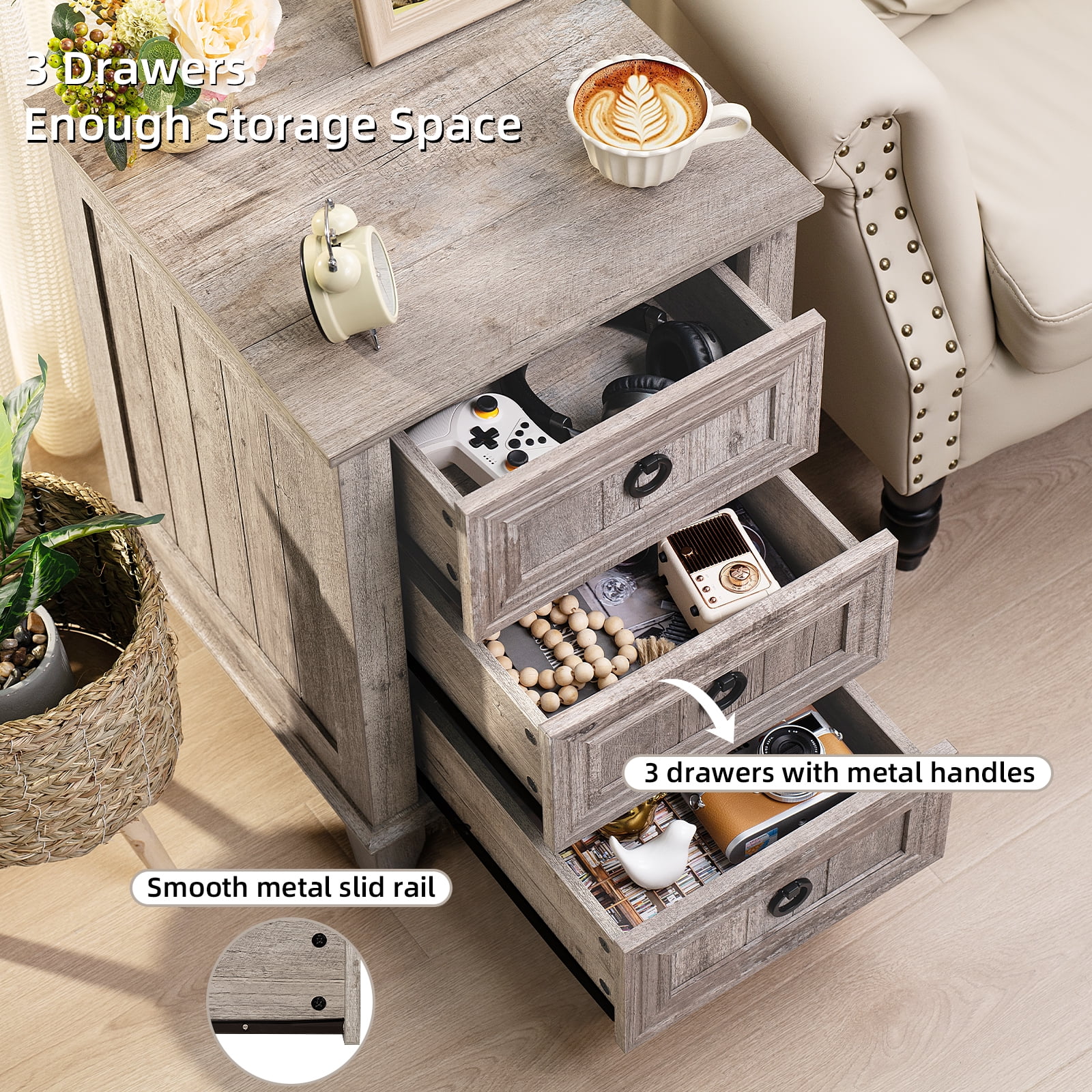 Joaxswe Farmhouse Nightstand with 3 Drawers, Wood Bedside Table Night Stand, Wide Sofa Side End Table for Living Room, Bedroom, Grey Oak