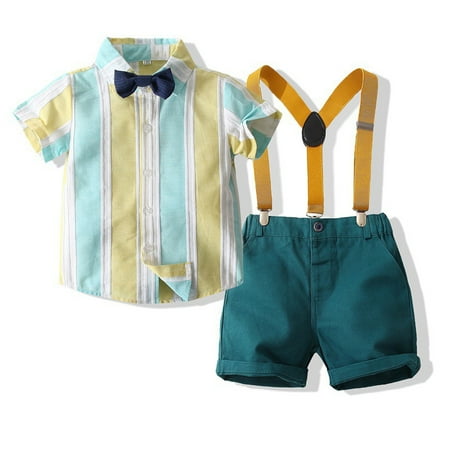 

Chenyin Kids Baby Boys Gentleman Clothes Outfit Cotton Short Sleeve Button Dress Shirt with Bowtie + Suspender Shorts Summer Wedding 3pcs Set Size 1-6T