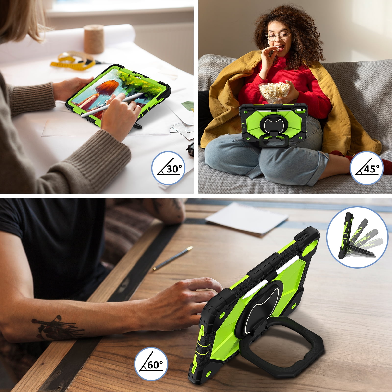 ELEHOLD Heavy Duty Case for  Apple iPad 11th(A16) 2025, 3-Layer Rugged 360 Rotating Kickstand Handle Grip Detachable Shoulder Strap Kids Friendly Shockproof Case for Apple iPad 11th, Black+Green