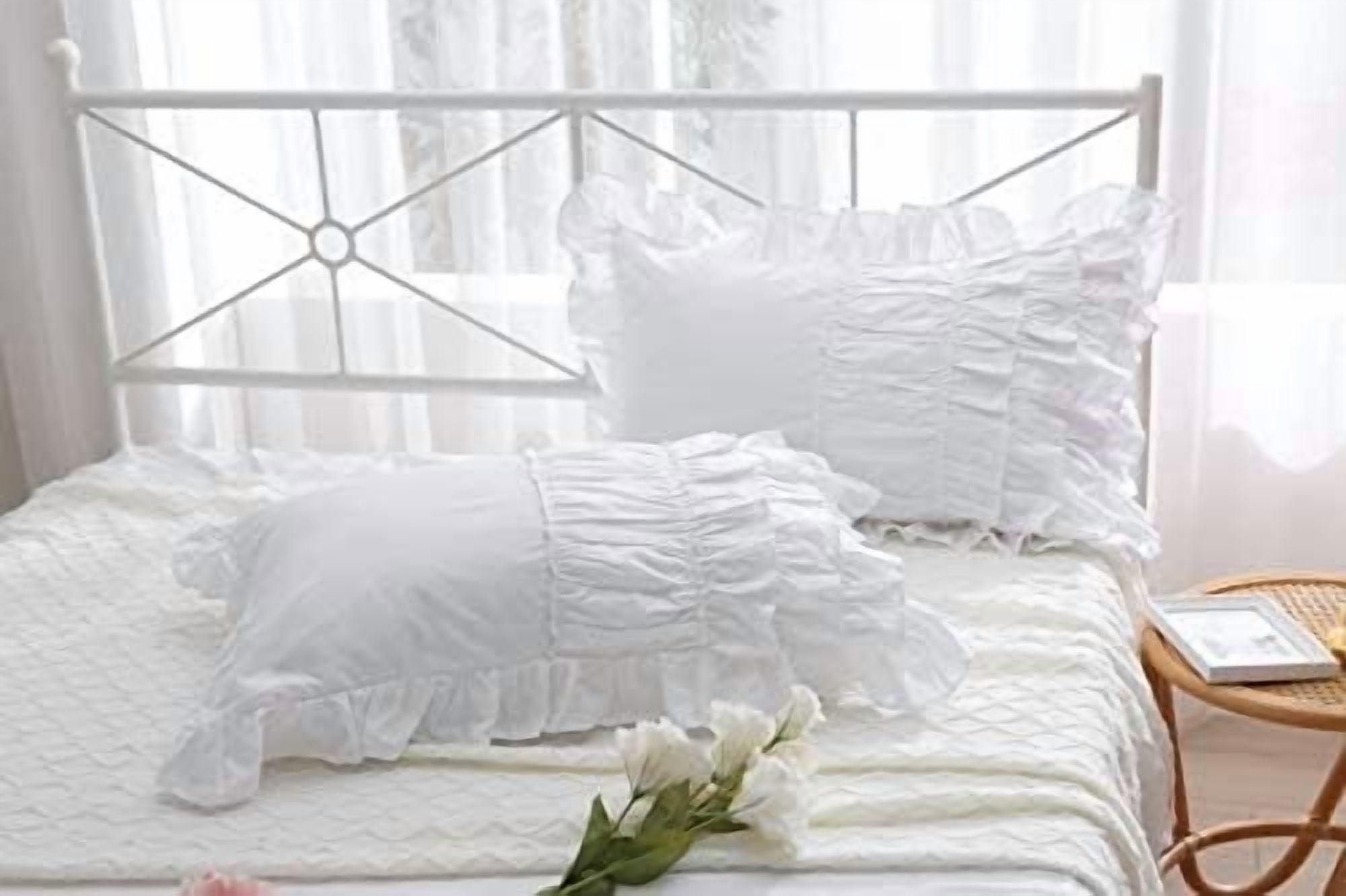 White Shabby Chic Pillow Shams Pillowcases with Ruffles Queen Size Cotton Pillow Covers 20"X30" 2pcs French Country Boudoir Luxury Princess