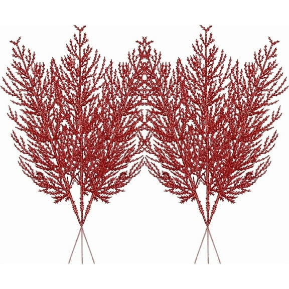 NOGIS 24 Pcs Christmas Large Artificial Pine Needles Glitter Artificial Pine Branches 14'' Artificial Stems Decorative Faux Tree Branches for Xmas Wreath Home Party Decor (Red)