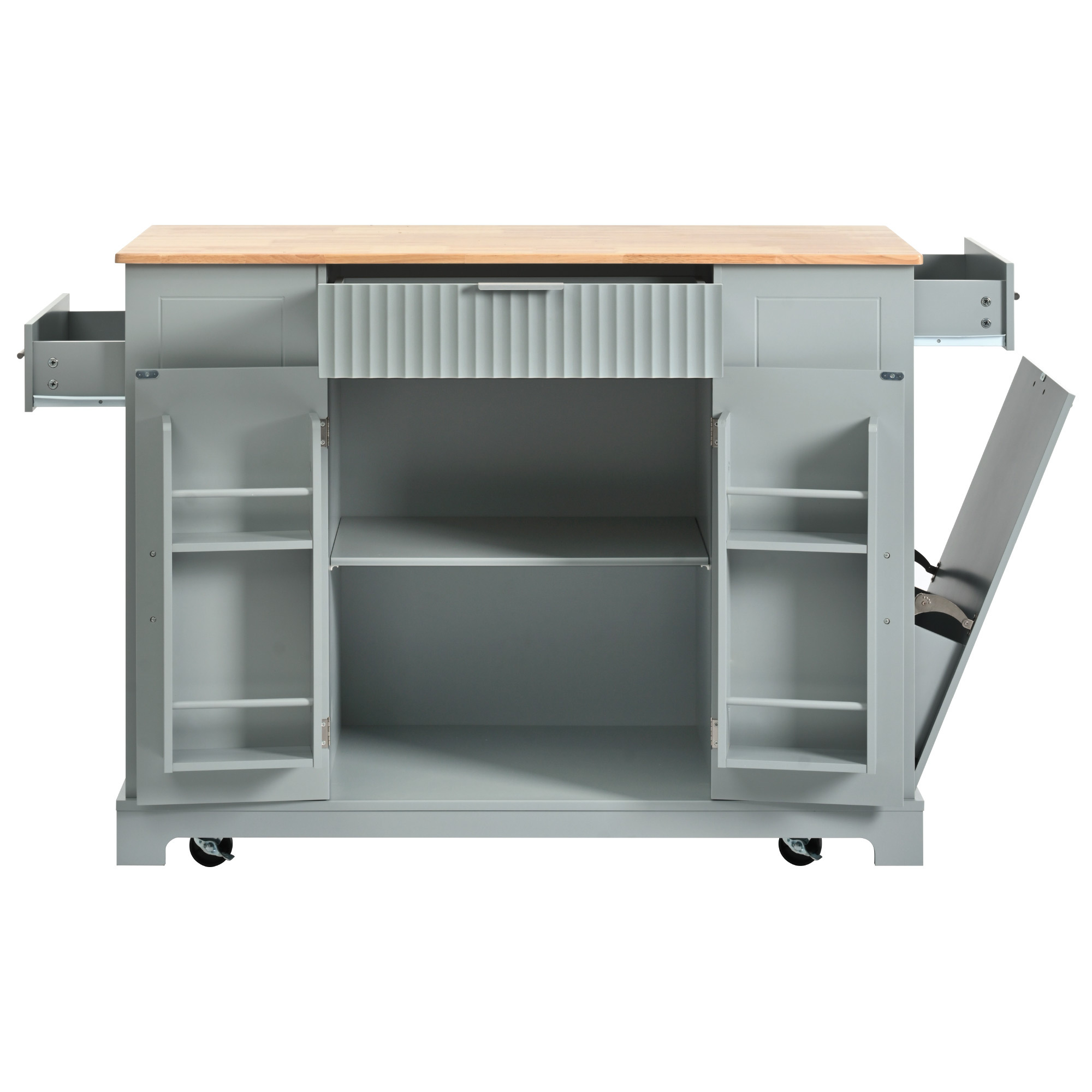 AENKYO Fluted Kitchen Island with Trash Can Storage Cabinet, Power Outlet, Internal Storage Rack, Rolling Kitchen Islands on 5 Wheels with 3 Drawer, 3 Open Side Racks for 10 Gallon Garbage Bin,Green