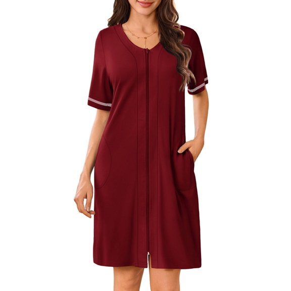 Ekouaer Women Zipper Robes Short Sleeves Housecoat Lightweight Bathrobes Zip Up Robe Casual Nightgown with Pockets