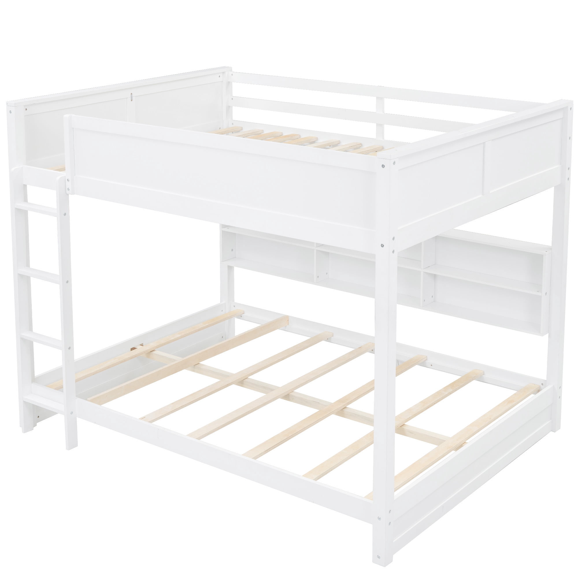 Queen over Queen Size Bunk Bed with Bookshelves, Solid Wood Queen Size Bunk Beds with USB Ports and Ladder for Kids Teens Adults, No Box Spring Needed
