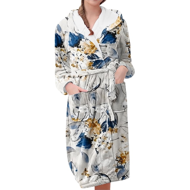 Women's Fleece Plush Robe Long Warm Plush Bathrobe Loungewear Jacket Printed Comfort Robe