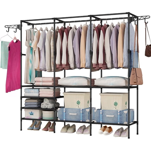 YAYUSI Organizador de Metal para Ropa,Perchero de Pie Armario con 2 ganchos laterales,Closet Organizador de Ropa, Estante de Ropa para Balcón, Dormitorio y Lavandería,Negro