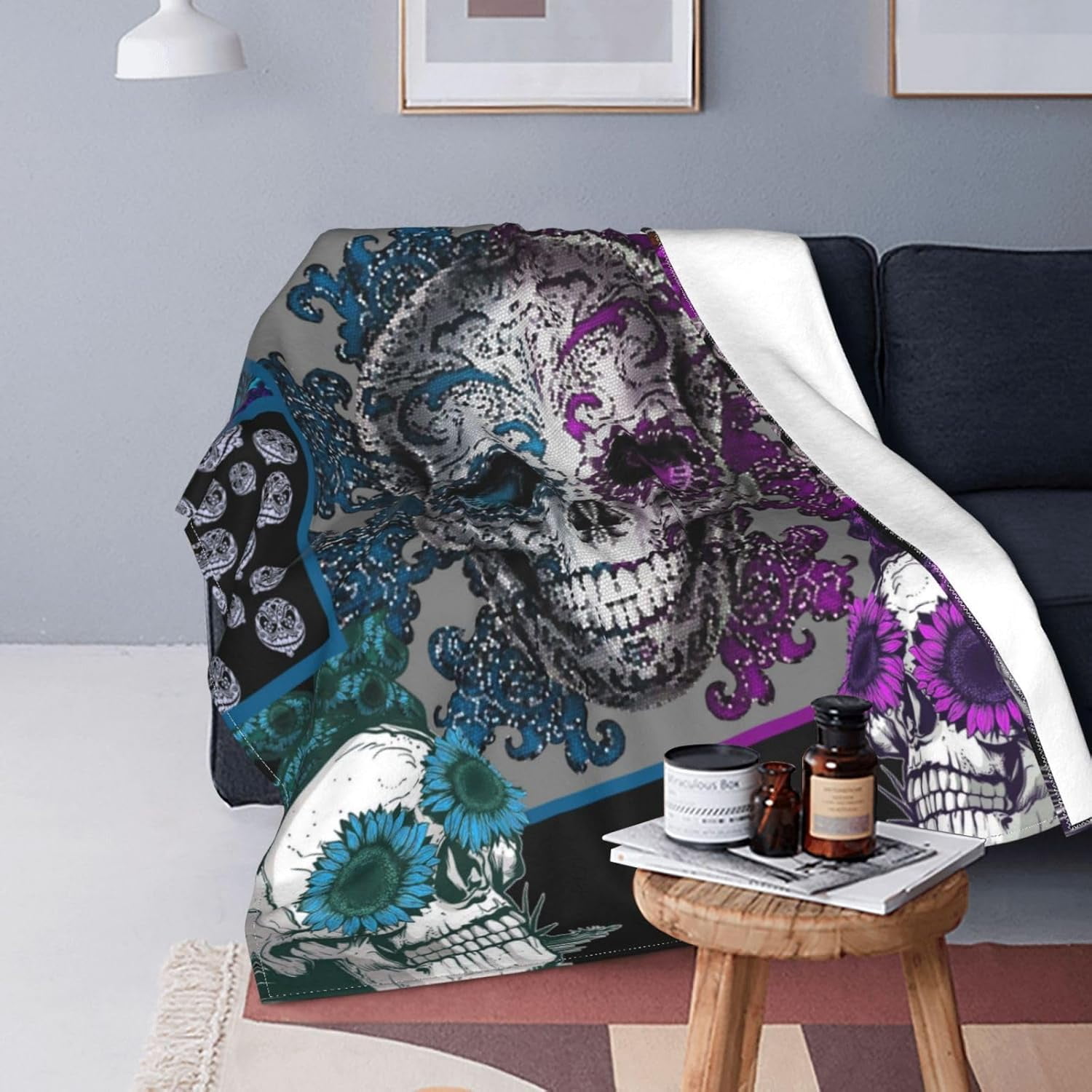 Skull Blanket for Men Women Purple Skull Bed Blanket Soft Cozy Throw Blanket 80"x60" Flannel Fleece Blankets and Throws Lightweight Warmth Blanket for Halloween Kids Couch Bed Home Decor