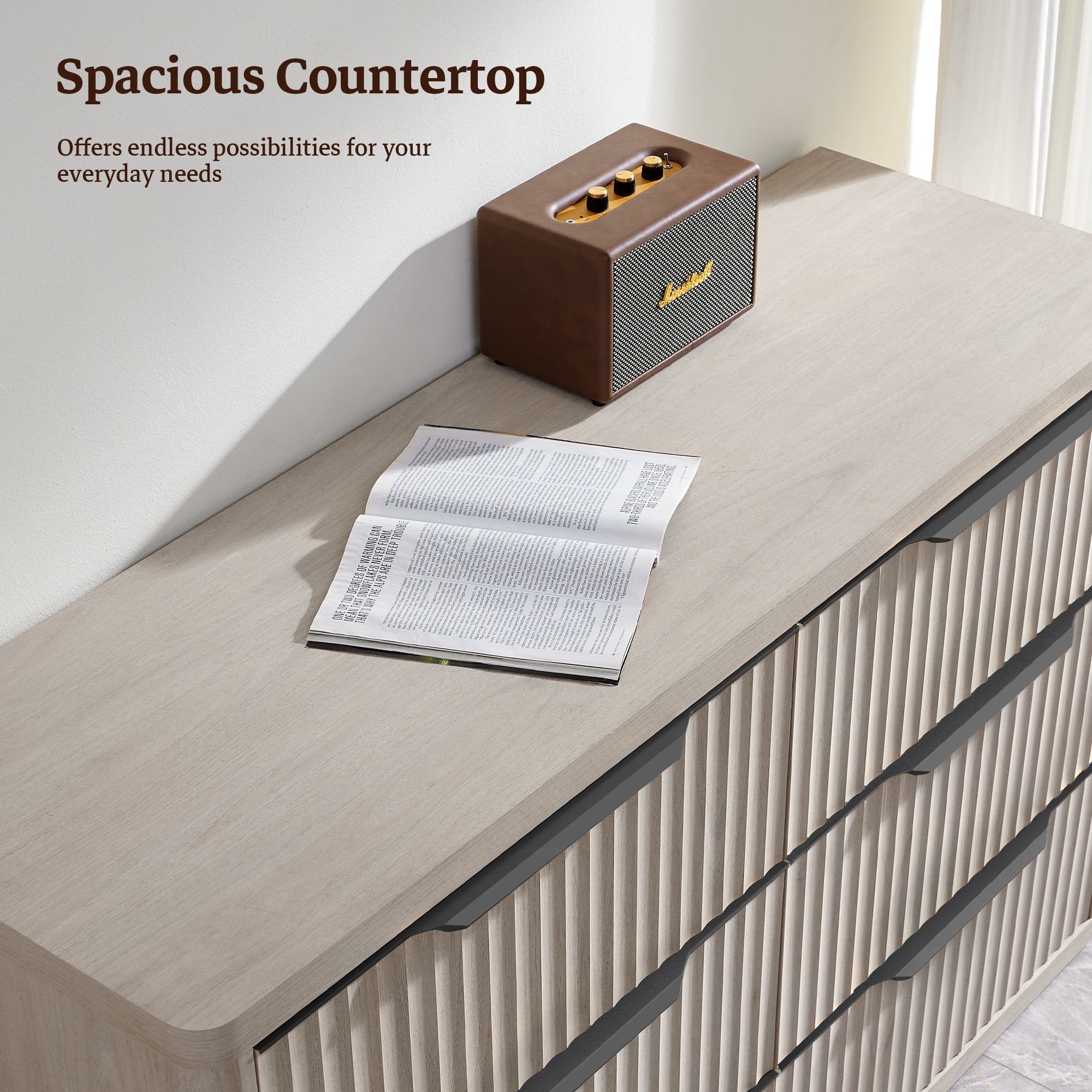 SICOTAS 53.5" Wide 6 Drawer Dresser for Bedroom, Farmhouse Chest of Drawers with Black Handles, Fluted Wood Storage Cabinet for Living Room, Light Grey