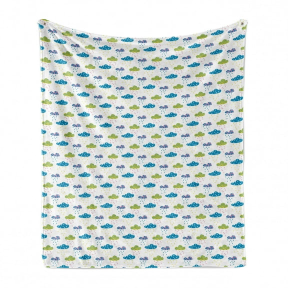 Childish Soft Flannel Fleece Blanket, Raindrops Along Clouds and Stars Geometric Stripes Doodle Like Style, Cozy Plush for Indoor and Outdoor Use, 50" x 60", Yellow Pink Petrol Blue, by Ambesonne