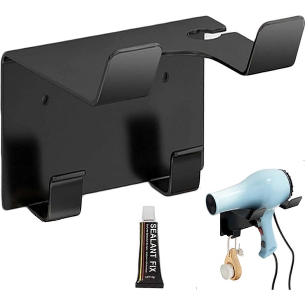 Hair Dryer Holder No Drilling Black Adhesive Hair Dryer Holder with Two Hooks Wall Mounted Hair Dryer Hanger Stainless Steel