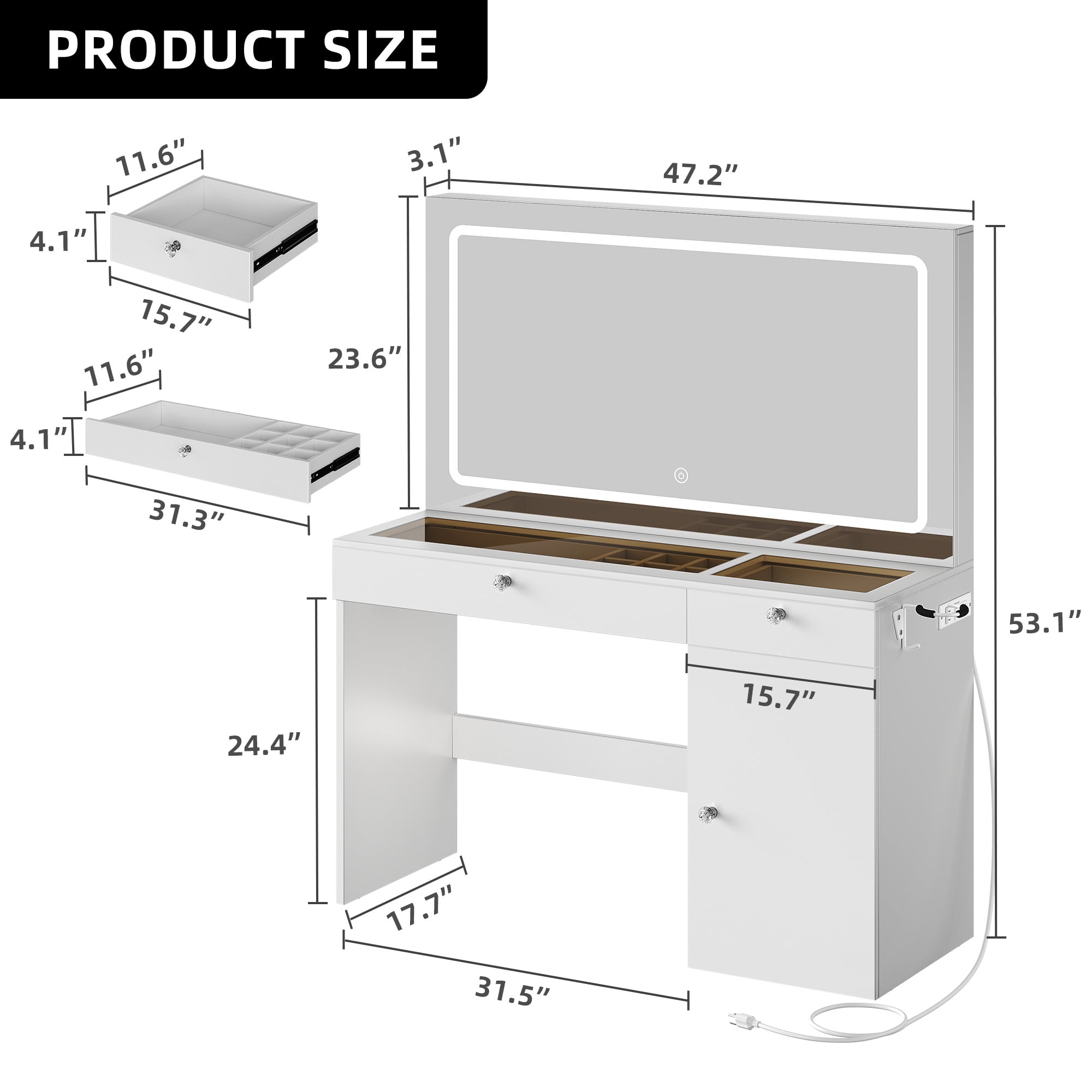 Uforic Modern Vanity Desk with LED Lighted Mirror & Power Outlet, Makeup Vanity Table with Drawers & Cabinet , Bedroom Dressing Vanity with Dividers and Hair Dryer Rack, White