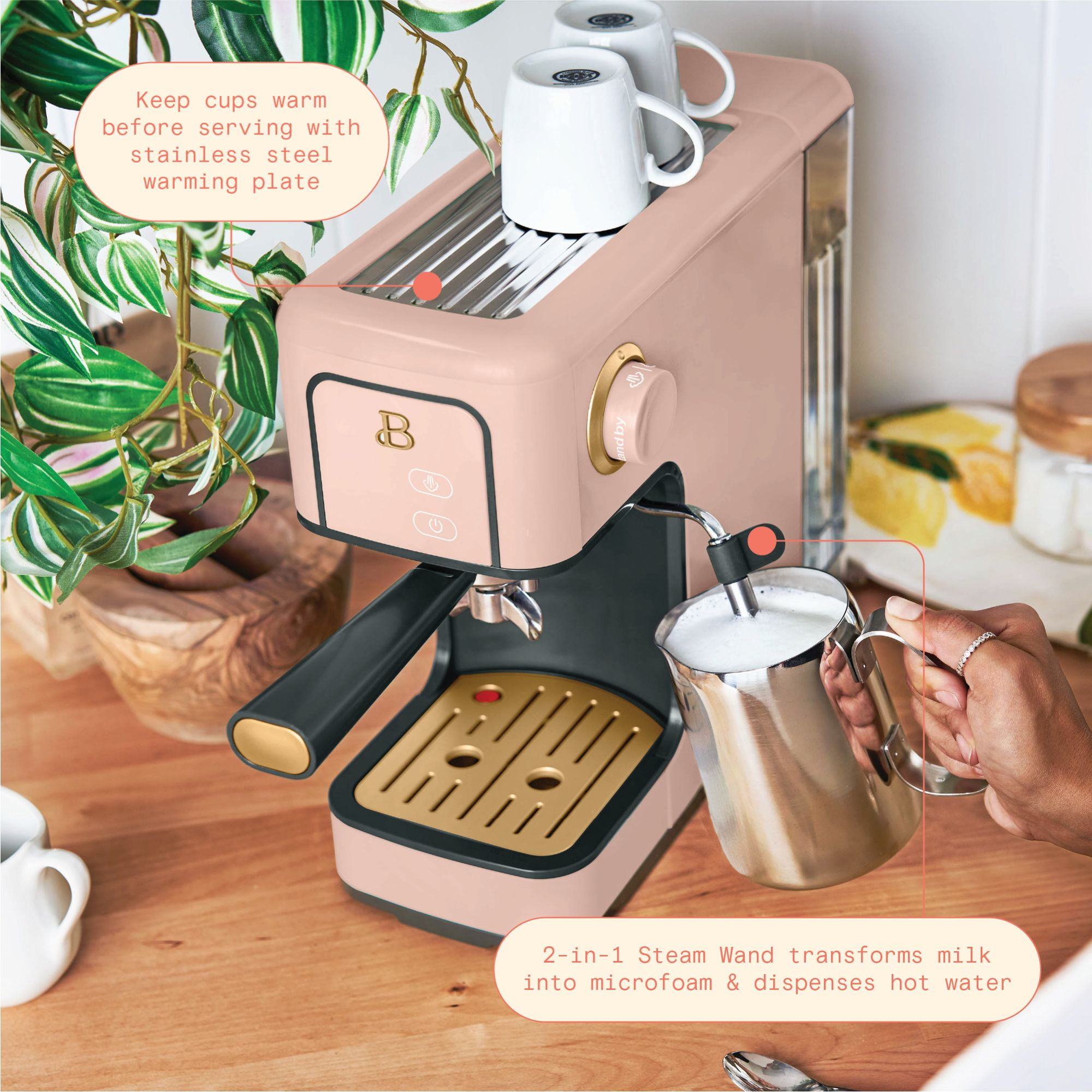 Beautiful Slim Espresso Maker with 20-Bar Pressure, Rose by Drew Barrymore