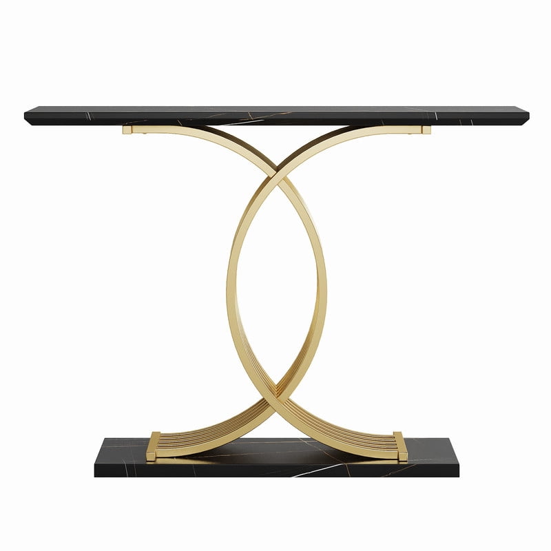 Accent Console Sofa Table with Gold Intertwined Crossed Metal Base, Entryway Display Side Table with Faux Marbling Top