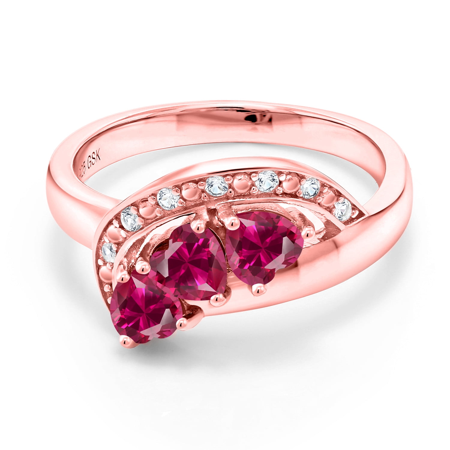 Gem Stone King 18K Rose Gold Plated Silver Red Created Ruby and White Created Sapphire Engagement Ring for Women (0.96 Cttw, Gemstone July Birthstone, Heart Shape 4MM, Size 5)