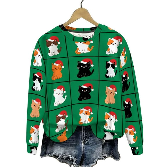 Womens Xmas Print Sweatshirt Round Neck Pullover Sweater Blouses Relaxed Fit Long Sleeve Shirts Tops Christmas Print Sweater Shirts Fall Casual Trendy Sweatshirt Hooded Pullover Tops 2025
