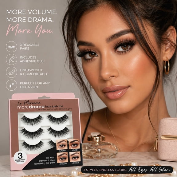 Le Mercerie More Drama Faux Lash Trio 3 Pairs Reusable False Eyelashes with Adhesive Glue Dramatic Volume Wispy Lashes for All Eye Shapes